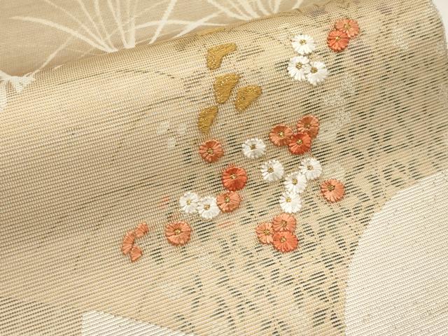 平和屋着物＊夏物　太鼓柄袋帯　刺繍　地紙花文　金銀糸　正絹　逸品　CABL1298tx