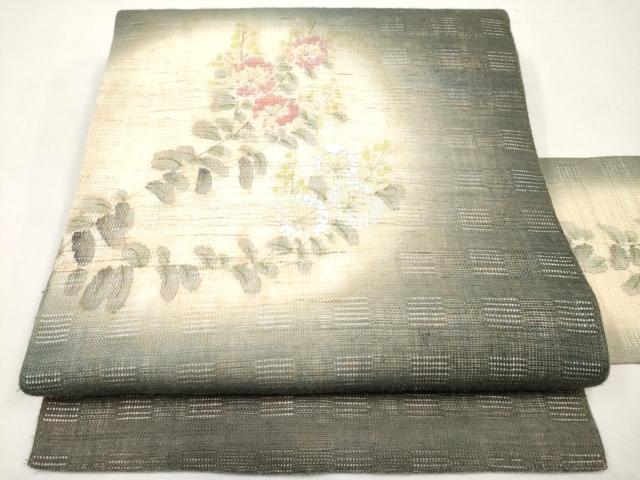 平和屋着物＊夏物　染色作家　桐山紫香　手描き　九寸名古屋帯　花倉織　枝花文　麻　逸品　CABL1339tx