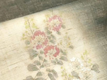 平和屋着物＊夏物　染色作家　桐山紫香　手描き　九寸名古屋帯　花倉織　枝花文　麻　逸品　CABL1339tx