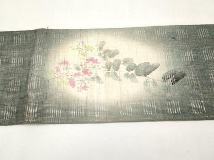 平和屋着物＊夏物　染色作家　桐山紫香　手描き　九寸名古屋帯　花倉織　枝花文　麻　逸品　CABL1339tx