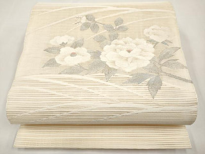平和屋着物＊夏物　八寸名古屋帯　絽綴れ　枝花文　銀糸　正絹　逸品　CABL1362tx