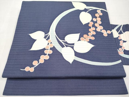 平和屋着物＊夏物　絽塩瀬　九寸名古屋帯　駒刺繍　枝葉木の実　銀彩　正絹　逸品　CABL1365tx