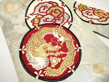 平和屋着物＊夏物　アンティーク　大正ロマン　九寸名古屋帯　総手刺繍　駒刺繍　雲龍文　金銀糸　正絹　逸品　CABL1366tx