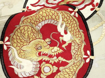 平和屋着物＊夏物　アンティーク　大正ロマン　九寸名古屋帯　総手刺繍　駒刺繍　雲龍文　金銀糸　正絹　逸品　CABL1366tx
