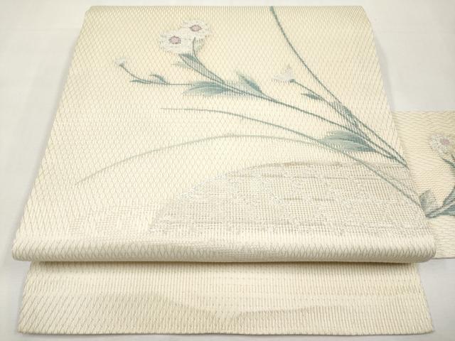 平和屋着物＊夏物　九寸名古屋帯　籬枝菊文　銀糸　正絹　逸品　CABL1379tx