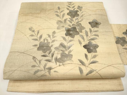 平和屋着物＊夏物　九寸名古屋帯　手描き　桔梗　銀彩　麻　逸品　CABL1404tx