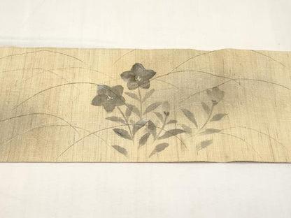 平和屋着物＊夏物　九寸名古屋帯　手描き　桔梗　銀彩　麻　逸品　CABL1404tx