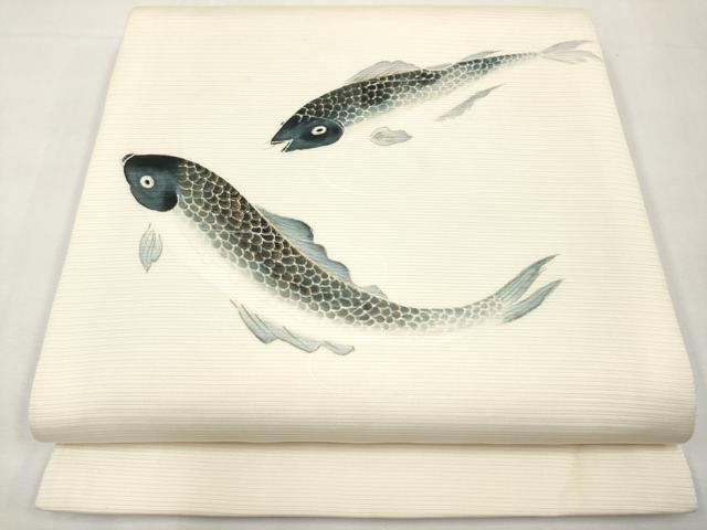 平和屋着物＊夏物　絽塩瀬　九寸開き名古屋帯　手描き　鯉　金彩　正絹　逸品　CABL1412tx