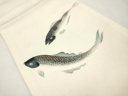 平和屋着物＊夏物　絽塩瀬　九寸開き名古屋帯　手描き　鯉　金彩　正絹　逸品　CABL1412tx