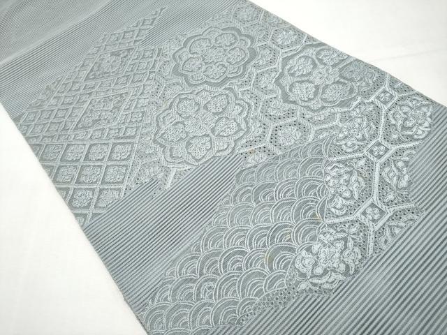 平和屋着物＊夏物　中国三大刺繍　スワトウ刺繍　総刺繍　絽刺し　区限刺繍　太鼓柄袋帯　正倉院花文　灰青色　正絹　逸品　CABL1432tx