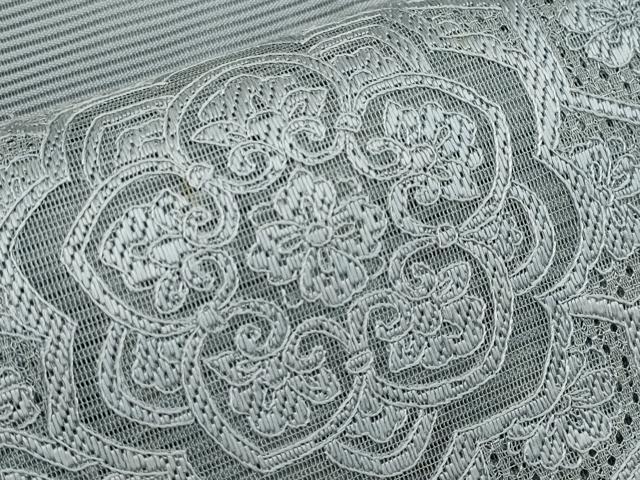 平和屋着物＊夏物　中国三大刺繍　スワトウ刺繍　総刺繍　絽刺し　区限刺繍　太鼓柄袋帯　正倉院花文　灰青色　正絹　逸品　CABL1432tx