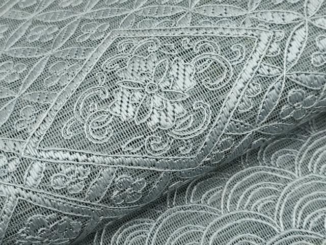 平和屋着物＊夏物　中国三大刺繍　スワトウ刺繍　総刺繍　絽刺し　区限刺繍　太鼓柄袋帯　正倉院花文　灰青色　正絹　逸品　CABL1432tx