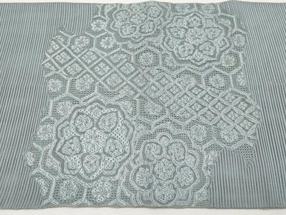 平和屋着物＊夏物　中国三大刺繍　スワトウ刺繍　総刺繍　絽刺し　区限刺繍　太鼓柄袋帯　正倉院花文　灰青色　正絹　逸品　CABL1432tx