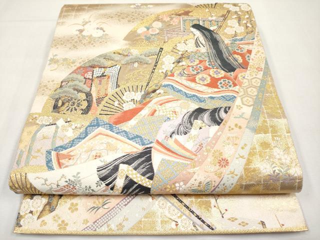 平和屋本店▼六通柄袋帯　唐織　麗姫競扇　本金箔　正絹　逸品　CABL1442tx
