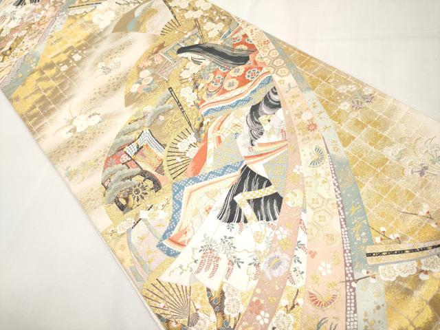 平和屋本店▼六通柄袋帯　唐織　麗姫競扇　本金箔　正絹　逸品　CABL1442tx