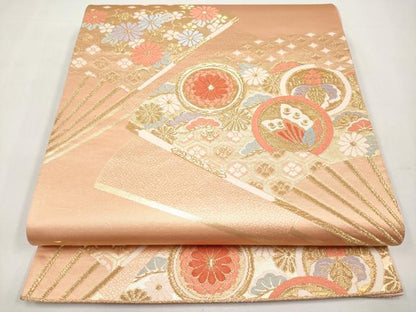 平和屋本店▼六通柄袋帯　唐織　扇面花蝶文　24K　正絹　逸品　CABL1449tx