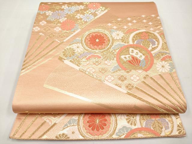 平和屋本店▼六通柄袋帯　唐織　扇面花蝶文　24K　正絹　逸品　CABL1449tx