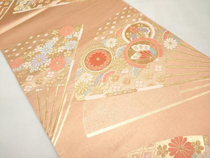 平和屋本店▼六通柄袋帯　唐織　扇面花蝶文　24K　正絹　逸品　CABL1449tx