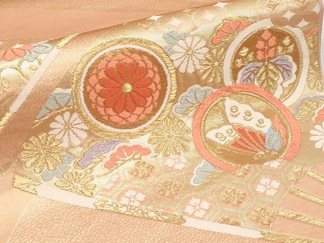 平和屋本店▼六通柄袋帯　唐織　扇面花蝶文　24K　正絹　逸品　CABL1449tx
