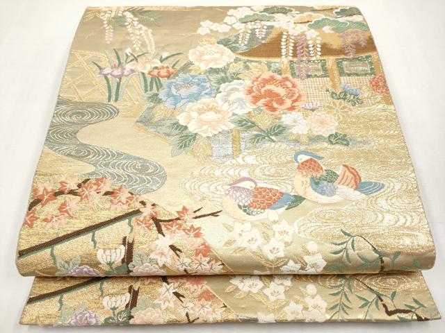 平和屋本店▼六通柄袋帯　唐織　鴛鴦風景文　本金箔　正絹　逸品　CABL1456tx