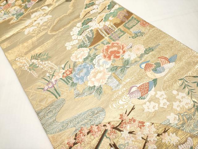 平和屋本店▼六通柄袋帯　唐織　鴛鴦風景文　本金箔　正絹　逸品　CABL1456tx