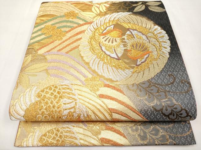 平和屋本店▼六通柄袋帯　向かい鳥舞花文　艶飾箔　本金箔　正絹　逸品　CABL1459tx