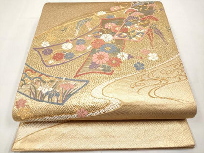 平和屋本店▼六通柄袋帯　唐織　短冊小袖文　本金二重箔　正絹　逸品　CABL1467tx