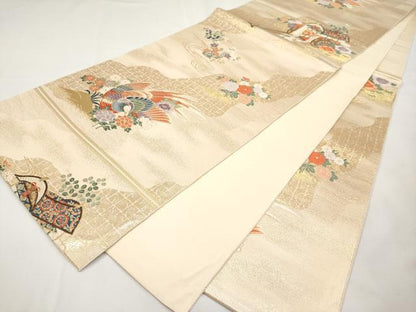 平和屋本店▼六通柄袋帯　唐織　花鳥御所車文　本金箔　正絹　逸品　CABL1468tx