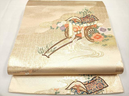 平和屋本店▼六通柄袋帯　唐織　花鳥御所車文　本金箔　正絹　逸品　CABL1468tx