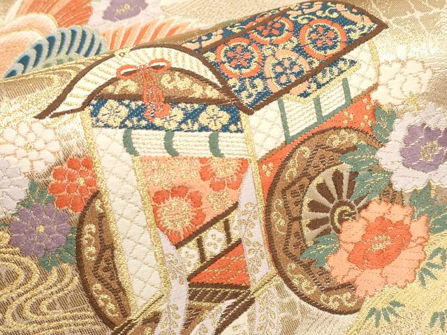 平和屋本店▼六通柄袋帯　唐織　花鳥御所車文　本金箔　正絹　逸品　CABL1468tx