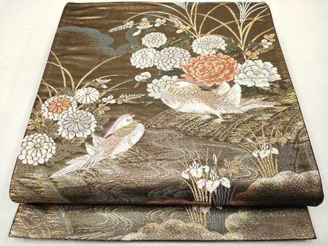平和屋本店▼六通柄袋帯　唐織　鴛鴦草花文　弐拾四金二重織　正絹　逸品　CABL1472tx