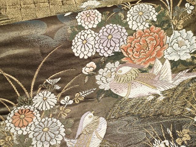 平和屋本店▼六通柄袋帯　唐織　鴛鴦草花文　弐拾四金二重織　正絹　逸品　CABL1472tx