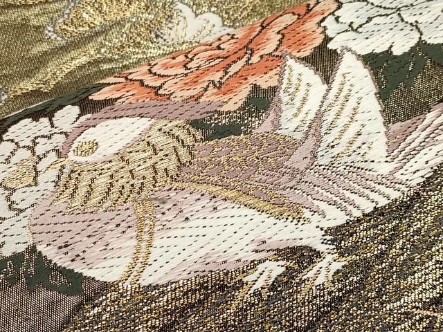 平和屋本店▼六通柄袋帯　唐織　鴛鴦草花文　弐拾四金二重織　正絹　逸品　CABL1472tx