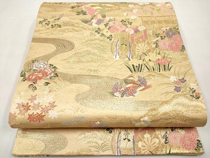 平和屋本店▼六通柄袋帯　唐織　御所車鴛鴦花文　本金箔24K　正絹　逸品　CABL1473tx