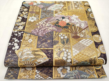 平和屋本店▼六通柄袋帯　唐織　桧扇四季文　本金箔　正絹　逸品　CABL1477tx