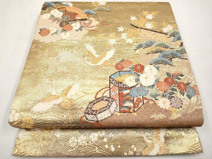 平和屋本店▼六通柄袋帯　唐織　飛鶴貝桶扇面花文　本金箔　正絹　逸品　CABL1485tx