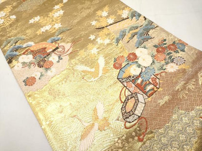 平和屋本店▼六通柄袋帯　唐織　飛鶴貝桶扇面花文　本金箔　正絹　逸品　CABL1485tx