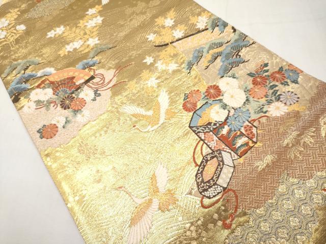 平和屋本店▼六通柄袋帯　唐織　飛鶴貝桶扇面花文　本金箔　正絹　逸品　CABL1485tx