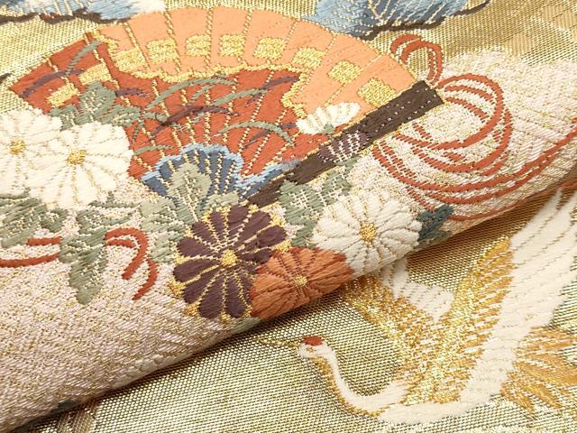 平和屋本店▼六通柄袋帯　唐織　飛鶴貝桶扇面花文　本金箔　正絹　逸品　CABL1485tx