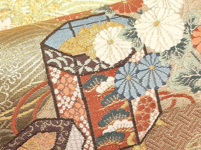 平和屋本店▼六通柄袋帯　唐織　飛鶴貝桶扇面花文　本金箔　正絹　逸品　CABL1485tx
