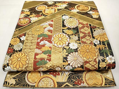 平和屋本店▼六通柄袋帯　唐織　能衣彩菊文　本金箔　正絹　逸品　CABL1490tx