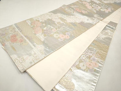 平和屋本店▼六通柄袋帯　霞御所車草花文　純金二重箔　正絹　逸品　CABL1495tx