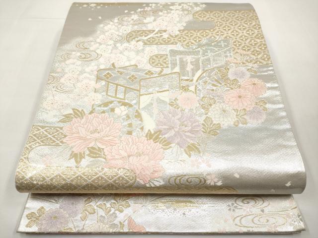 平和屋本店▼六通柄袋帯　霞御所車草花文　純金二重箔　正絹　逸品　CABL1495tx