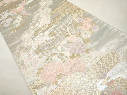 平和屋本店▼六通柄袋帯　霞御所車草花文　純金二重箔　正絹　逸品　CABL1495tx