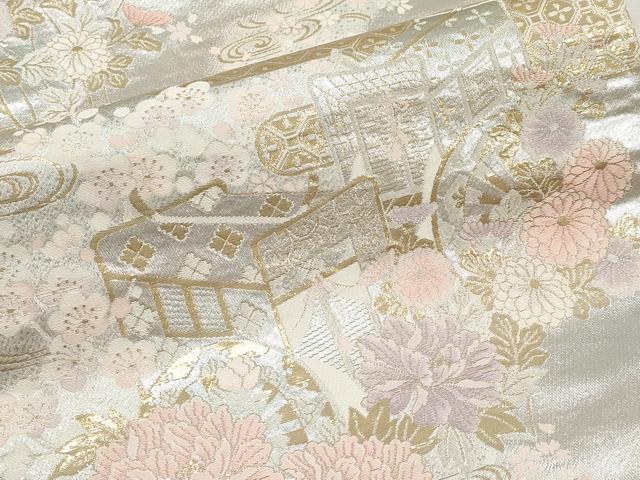 平和屋本店▼六通柄袋帯　霞御所車草花文　純金二重箔　正絹　逸品　CABL1495tx