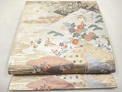 平和屋本店▼六通柄袋帯　飛鶴草花文　純金箔二重織九百錦　正絹　逸品　CABL1496tx