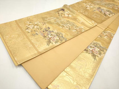平和屋本店▼六通柄袋帯　地紙花蝶文　九百錦　純銀・純金箔　正絹　逸品　CABL1507tx