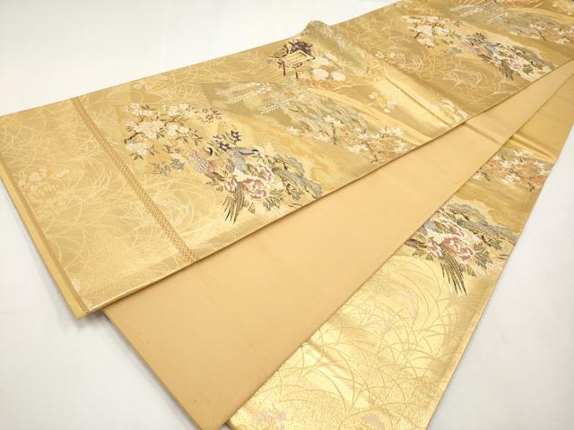平和屋本店▼六通柄袋帯　地紙花蝶文　九百錦　純銀・純金箔　正絹　逸品　CABL1507tx