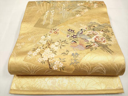 平和屋本店▼六通柄袋帯　地紙花蝶文　九百錦　純銀・純金箔　正絹　逸品　CABL1507tx