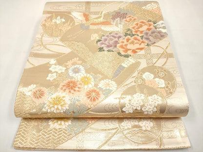 平和屋本店▼六通柄袋帯　唐織　飛鶴草花絵巻文　本金箔　正絹　逸品　CABL1515tx